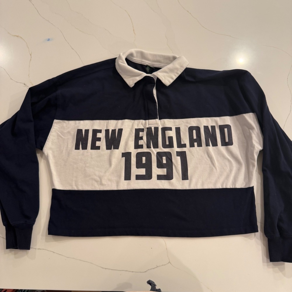 Wild Fable Navy Blue New England 1991 Cropped Rugby Polo Shirt Womens Small